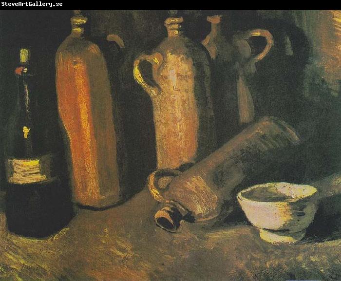 Vincent Van Gogh Still life with four jugs, bottles and white bowl